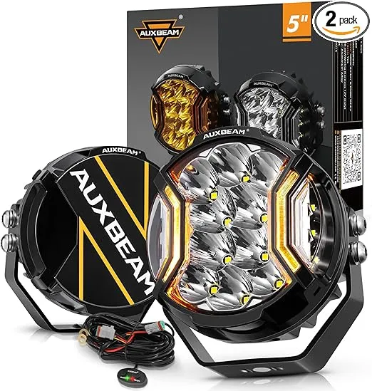 Auxbeam V-Ultra Series Side Shooter Light Bar, 5Inch 172W Round Offroad Lights LED Pods 20400LM, Amber DRL & Spotlight Dual Color 270° Wider Off Road Lighting with Protective Covers, Pair