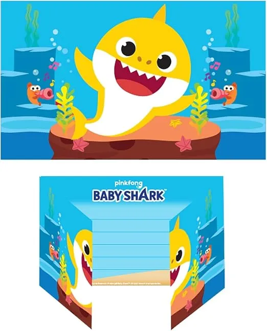 amscan 9908481 - 8 x Official Pink Fong Baby Shark Invitation cards Birthday Party Accessory