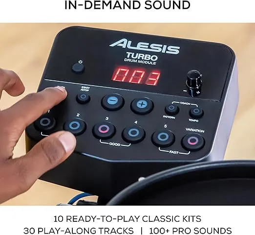 Alesis Turbo Mesh Kit – Electric Drum Set With 100+ Sounds, Quiet Mesh Drum Pads, Drum Sticks, Connection Cables, Drum Lessons
