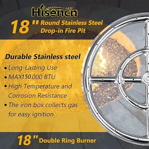 Hisencn Fire Pit Burner Ring Kit 18 Inch, 304 Stainless Steel Fire Pit Insert Round with Spark Ignition and Propane Hose Kit for Indoor or Outdoor Fire Table, LP and Propane Gas Fire Pit