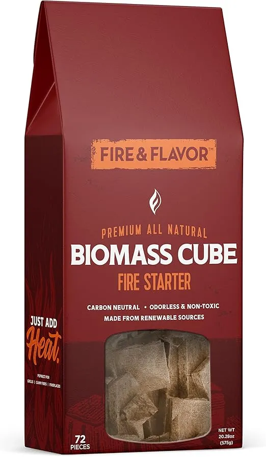 Fire & Flavor Biomass All-Natural Fire Starters - 72 Piece - Eco-Friendly Fire Starters for Fireplaces, Campfires, Grills, and Wood Stoves - Odorless, Chemical-Free, and Clean-Burning Fire Starters
