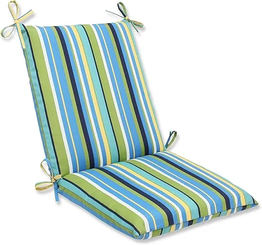 Pillow Perfect Stripe Indoor/Outdoor Solid Back 1 Piece Square Corner Chair Cushion with Ties, Deep Seat, Weather, and Fade Resistant, 36.5" x 18", Blue/Green Topanga, 1 Count