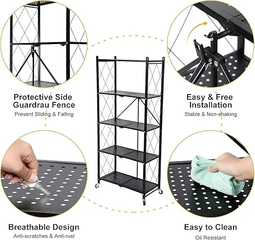Simple Deluxe 4-Tier Folding Storage Shelves, 27.95" W x 14.96" D x 49.61" H Foldable Shelving Unit, 1000 Lbs Loading Capacity, Black