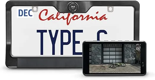 Type S License Plate Frame HD Wireless Backup Camera, 5" Monitor with Motion Activation, Solar Charging, no Hardwire, 160° Wide Rear View with Night Vision, Portable Cam for Truck, Car, SUV, RV