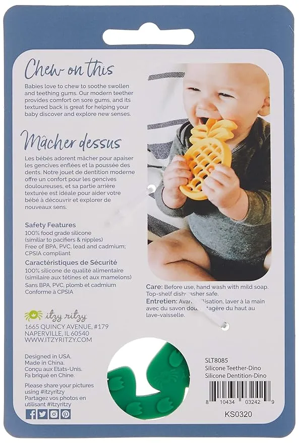 Itzy Ritzy Silicone Baby Teether – BPA-Free Infant Teether with Easy-to-Hold Design & Textured Back Side to Massage & Soothe Sore, Swollen Gums - Teething Toy for 3 Months & Up - Dinosaur
