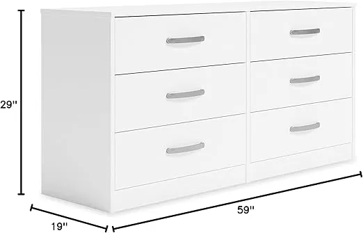 Signature Design by Ashley Flannia Modern 6 Drawer Dresser with Ball-bearing Construction and Safety Stop, White
