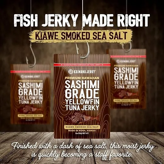 Kaimana Ahi Tuna Jerky Kiawe Smoked Sea Salt - Soft and Tasty - Premium Fish Jerky Made in the USA. High in Omega 3's, All Natural and Wild Caught - 2 Ounce (Pack of 3)
