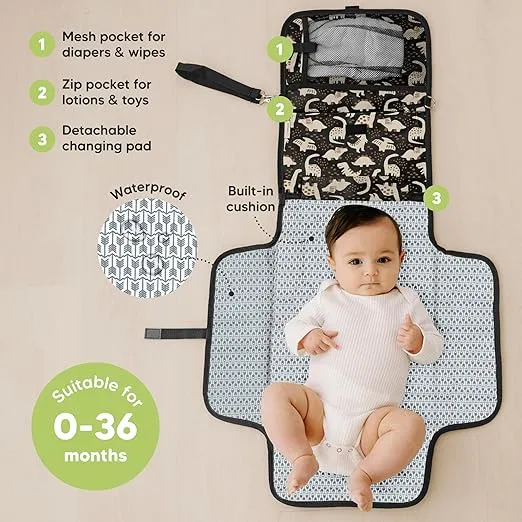 KeaBabies Portable Diaper Changing Pad - Waterproof Travel Changing Mat for Baby, Foldable Diaper Clutch, Detachable Baby Travel Diaper Mat for Diaper Changing Station, Diaper Change Mat (Dino Ridge)