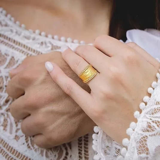 Bling Jewelry Personalized Modern Geometric Boho Style Criss Cross CZ Accent Band Fashion Statement Brushed Hammered Matte Finish Wide Band Ring For Women Yellow 14K Gold Plated Brass Customizable