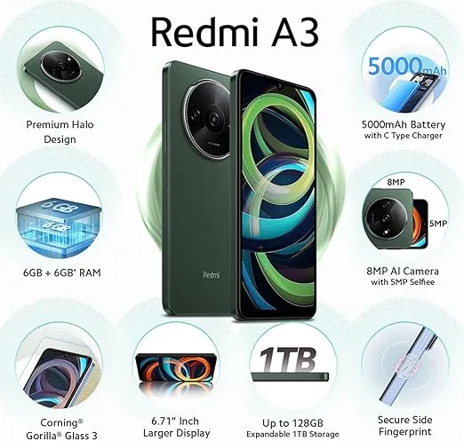 Xiaomi Redmi A3 4G 64GB + 3GB Global Version (for Tmobile Tello & Global) Factory Unlocked 6.71" 8MP Dual Camera (Forest Green Global ROM)