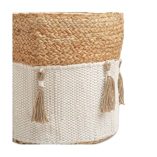 Crane Baby Fabric Round Nursery Storage Basket, Toy Storage, Cotton & Jute Boho Bin, 13"x12", Toy Basket, Baby Storage Organizer, Toy Organizers and Storage Bins, Baby Organizers and Storage, Toy Bins