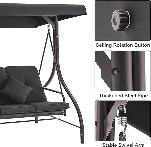 MCombo 3-Seat Outdoor Patio Swing Chair, Adjustable Backrest and Canopy, Porch Swing Glider Chair, w/Cushions and Pillows, 4068 (Grey)
