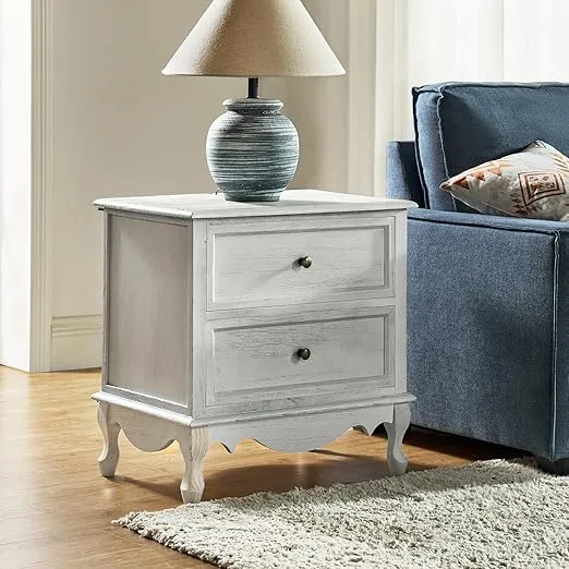 HULALA HOME Wood Nightstand with Charging Station Space, Bedside Table 2 Drawer Dresser with Drawer and Wooden Legs, French Storage End Table for Bedroom Living Room，White
