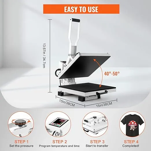 VEVOR Heat Press, 15x15 Power Heat Press Machine for T-Shirt, Fast Heating, High Pressure Heat Press Machine, Digital Industrial Sublimation Printer for Heat Transfer Vinyl, Easy to Use, Black