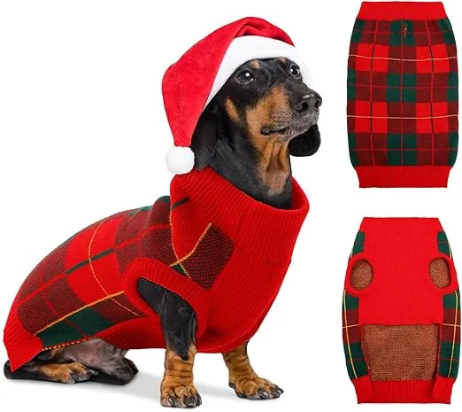 PUMYPOREITY Classic Plaid Dog Sweater with Leash Hole, Warm Stretchy Knitwear for Small Medium Dog, Soft Jacquard Knit Pullover with Elastic High Collar for Spring Fall Winter Christmas Cold Weather