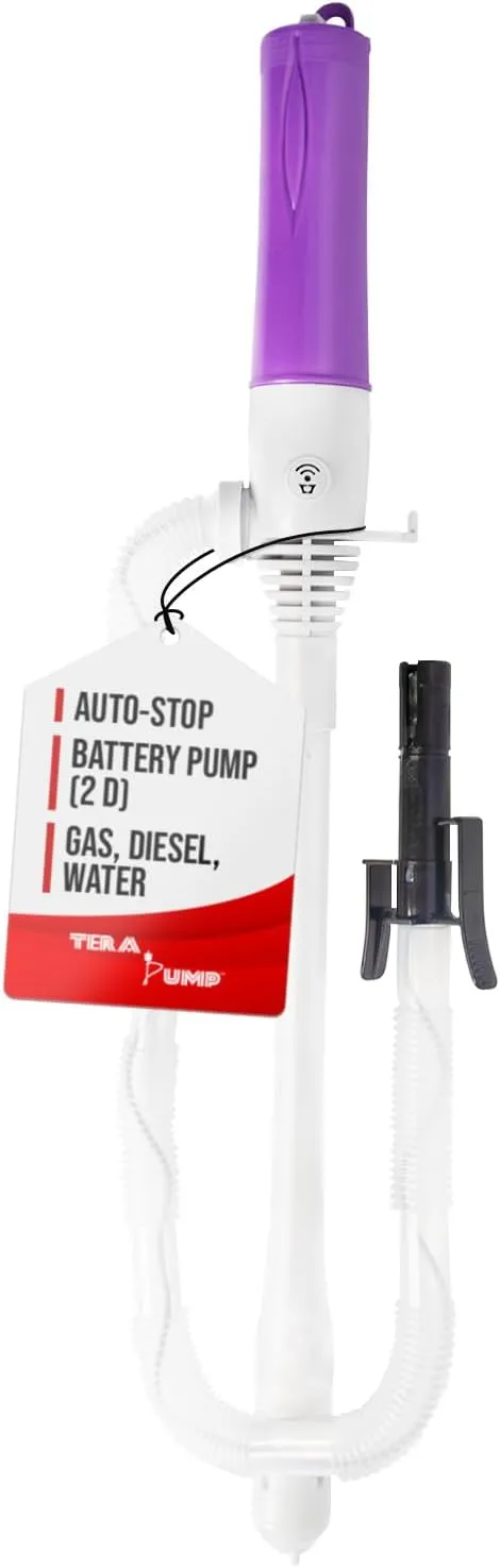TERA PUMP Automatic Fuel Transfer Pump, 3X More Powerful Battery Operated, Auto-Stop Sensor, No Spills, 2ft Hose, Portable & Powerful Flow Rate at 2.4 GPM For Gas, Diesel (2 D Batteries, Not Included)