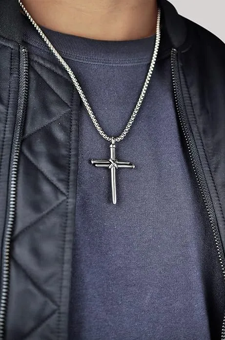Metro Jewelry Nail Cross Pendant Necklace for Men in Stainless Steel on 24 Inches Long Round Box Chain