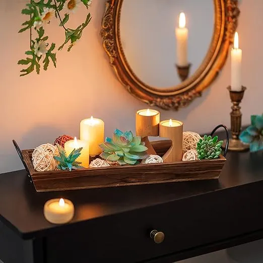 Long Narrow Wood Candle Tray: Hanobe Rustic Wooden Candle Holders Rectangular Table Centerpieces for Dining Room Farmhouse Pillar Stand with Handle Rectangle Tea Light Base Coffee Table Decor, Brown
