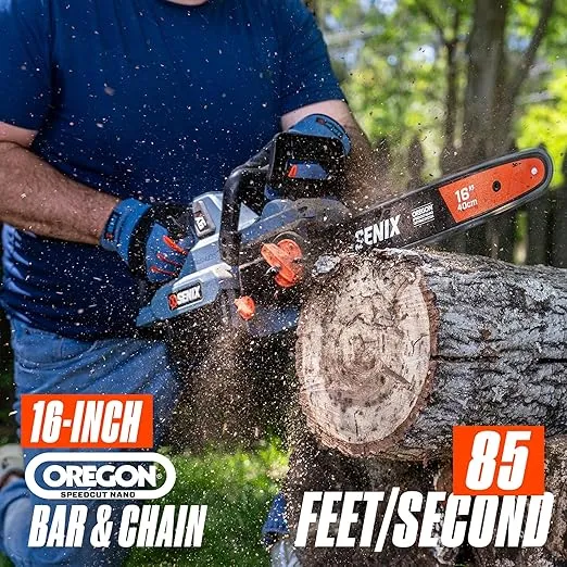 SENIX X6 60 Volt Max* 16-inch Cordless Chainsaw with Brushless Motor and Oregon Bar and Chain for Trees, Limbs, and Firewood, Auto Lubrication, Includes 4Ah Li-Ion Battery and Charger (CSX6-M)