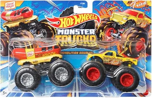 Hot Wheels Monster Trucks Demolition Doubles Oscar Mayer Weinermobile Vs All Fried Up 2 Pack. 1:64 Scale.