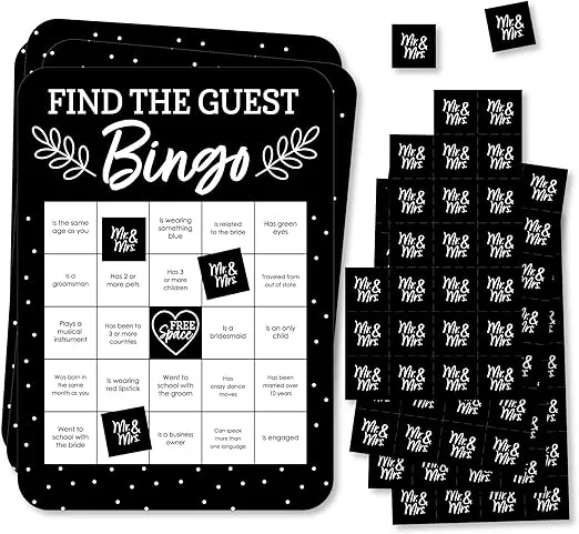 Big Dot of Happiness Mr. and Mrs. - Find The Guest Bingo Cards and Markers - Black and White Wedding or Bridal Shower Bingo Game - Set of 18