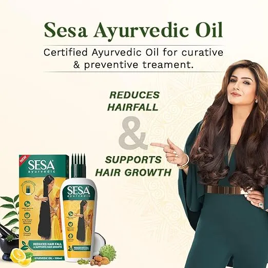 SESA Ayurvedic Hair Oil With Bhringraj & 17 Rare Herbs With Coconut Oil and 4 Nourishing Oil For Hair Growth Help Control Hair Fall & Easy Hair Oil Applicator For Women and Men, 3.38 Fl Oz or 100 ml