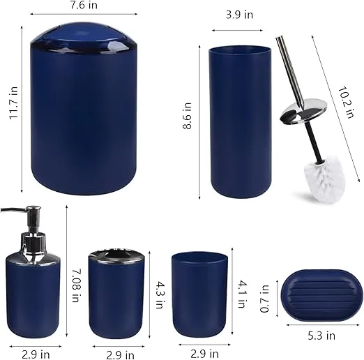 CERBIOR Bathroom Accessories Set 6 Piece Bath Ensemble Includes Soap Dispenser, Toothbrush Holder, Toothbrush Cup, Soap Dish for Decorative Countertop and Housewarming Gift (Navy)