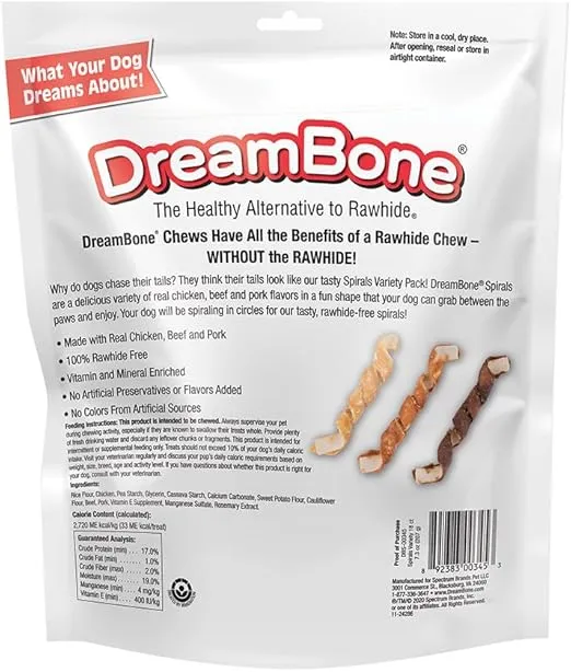DreamBone Spirals Variety, Rawhide Free Dog Chew Sticks Made with Real Chicken Beef and Pork, 18 Count