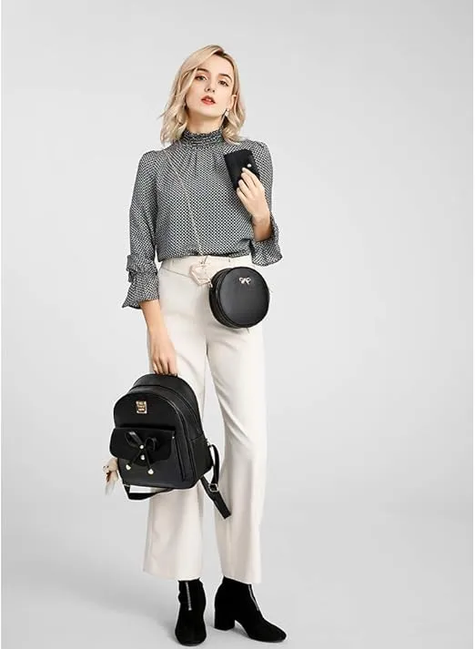 MACCINELO Cute Leather Mini Backpack Purse for Women Bowknot Small Backpack for Girls gift Rucksack Ladies Shoulder Bag 3pcs