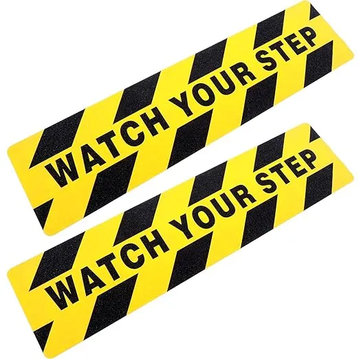 Boao 2 Pieces Watch Your Step Floor Decals Stickers 6 x 24 Inch Watch Your Step Sign Warning Sticker Adhesive Tape Anti Slip Abrasive Tape for Workplace Safety Wet Floor Caution