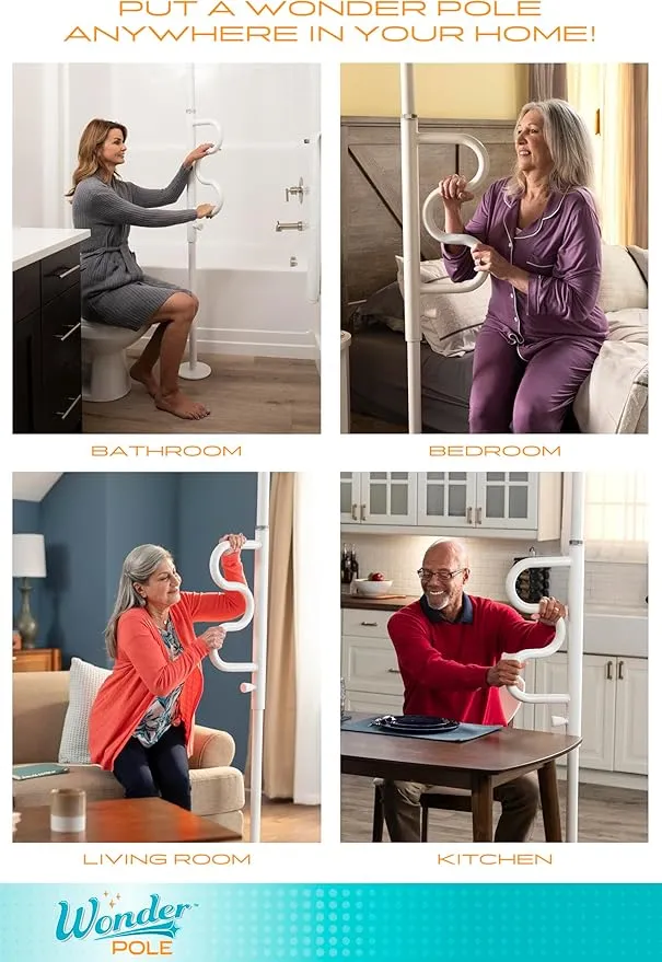 Stander Wonder Pole, Security Pole and Curve Grab Bar, Tension Mounted Floor to Ceiling Transfer Pole for Seniors, Elderly Adults, Bathroom Safety Assist and Stability Rail, White