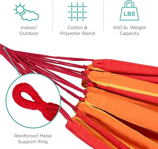 Best Choice Products 2-Person Indoor Outdoor Brazilian-Style Cotton Double Hammock Bed w/Portable Carrying Bag - Orange