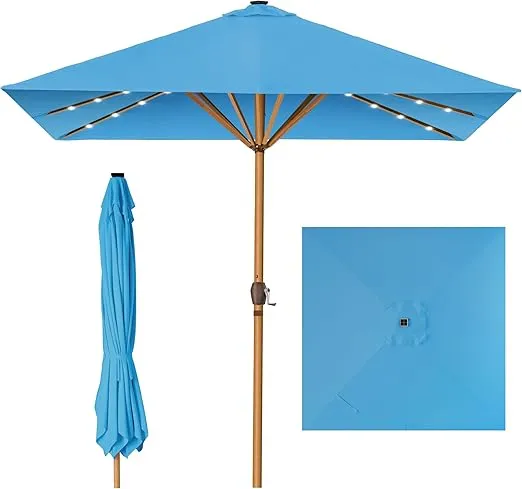 Best Choice Products 9ft Deep Square Solar Powered LED Lighted Patio Umbrella w/Faux Wood Texture, UV-Resistant Fabric, Hand Crank