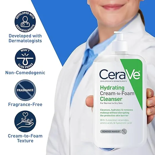 CeraVe Hydrating Cream To Foam Cleanser | Makeup Remover Face Wash For Dry Skin | Foaming Facial Cleanser With Hyaluronic Acid | Normal To Dry Skin | Fragrance Free & Non Comedogenic | 8 Fluid Ounces