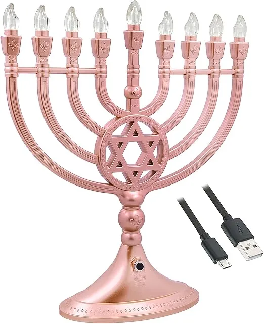 The Dreidel Company Traditional LED Electric Silver Hanukkah Menorah - Battery or USB Powered - Includes a Micro USB 4' Charging Cable (Rose Gold)