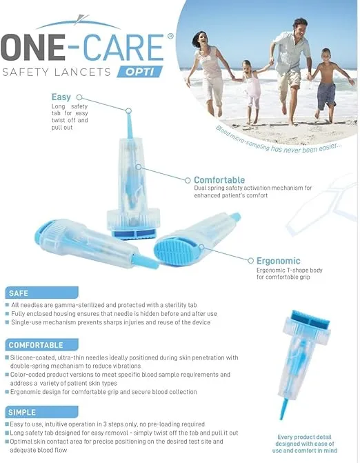 ONE-CARE Opti Safety Lancets Top Button Activated, 28Gx1.6mm, 200 Count
