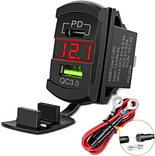 Nilight Rocker Switch Style USB Charger Red LED Voltmeter Quick Charge 12V PD Type C and USB QC 3.0 Car Charger Replacement with Inline Fuse for Switch Panel on Boats RV Truck Car