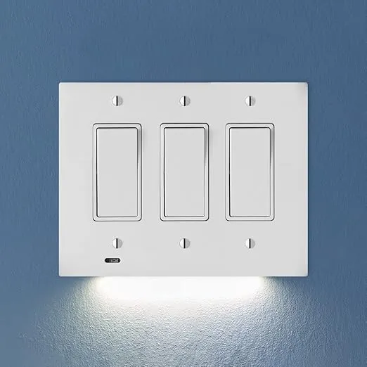 Single - SnapPower SwitchLight [for Triple-Gang Light Switches] - Light Switch Wall Plate with Built-in LED Night Lights - Bright/Dim/Off Options - Auto On/Off Sensor - (Rocker, White)