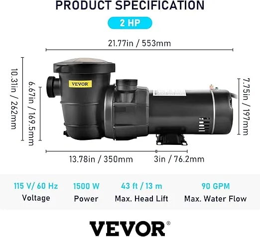 VEVOR Swimming Pool Pump, 2.0HP 115 V, 1500 W Single Speed Pumps for Above Ground Pool w/ Strainer Basket, 5400 GPH Max. Flow, Certification of ETL for Security