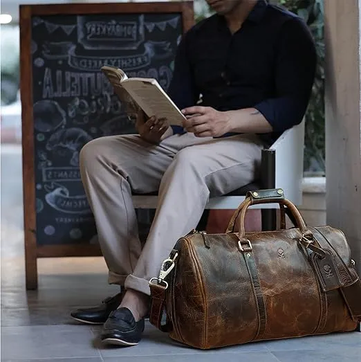 Leather Duffle Bag for Men - Full Grain Leather Travel Bag - TSA Approved Carry On Weekender Overnight Duffel Bag (Brown, 20 inch)