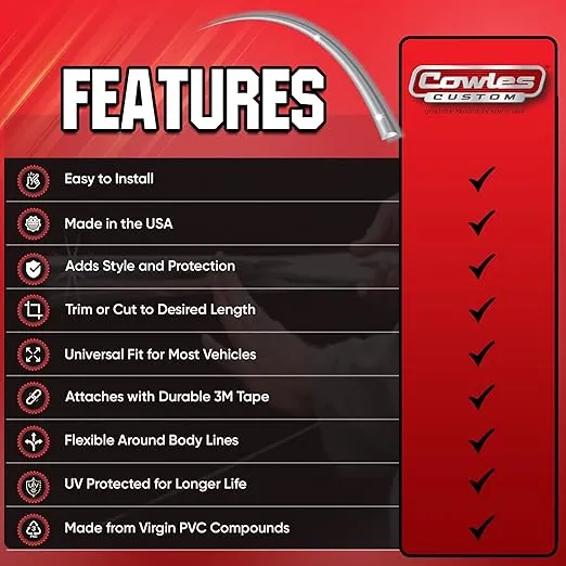 Cowles Custom - Premium Universal Body Molding for All Vehicles - Easy Install, Chrome Finish, 1" by 12 ft, UV Protected, Long Lasting Flexible PVC