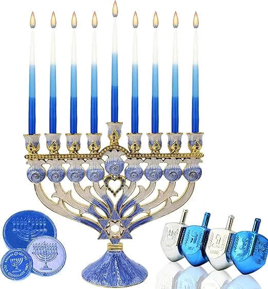 The Dreidel Company Deluxe Tapered Hanukkah Menorah Tri Color Blue, Blue, and White, Candles for All 8 Nights of Chanukah (Single)