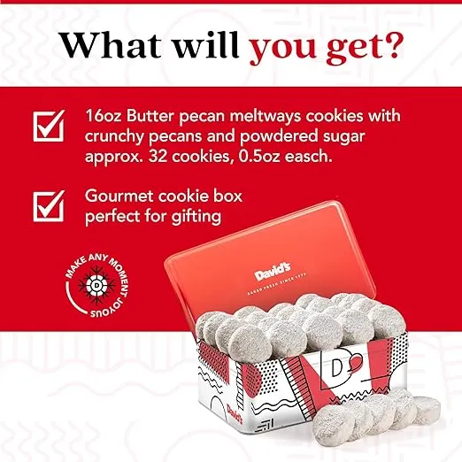 David's Cookies Butter Pecan Meltaways Sweet Sampler Tin - Butter Cookies with Crunchy Pecans, Soft, And Melt In Your Mouth Flavorful Cookies - Delicious Gourmet Food Gift For All Occasions 16oz