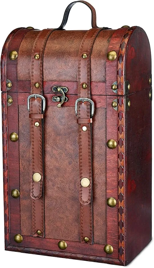 Twine Antique Wooden Decorative Box with Lid and Handle, Wine Accessory Sets, Wood, Faux Leather, Brass Accents, 2 Bottle