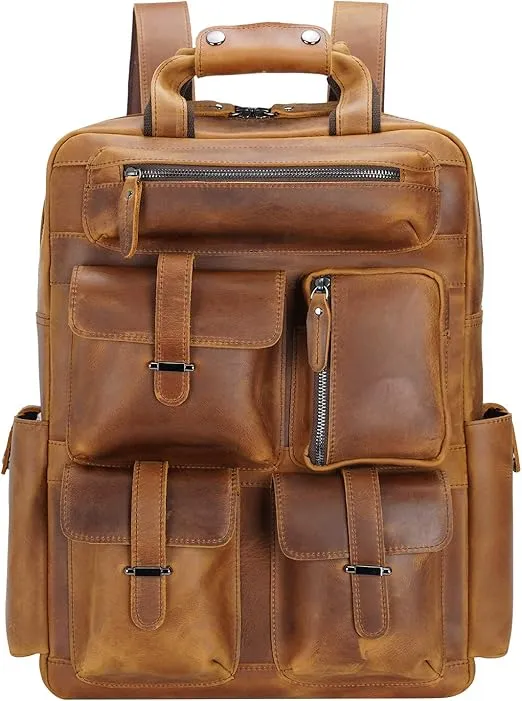 Polare Cowhide Leather Multiple Laptop Backpack Day pack Travel Bag Satchel with YKK Metal Zippers