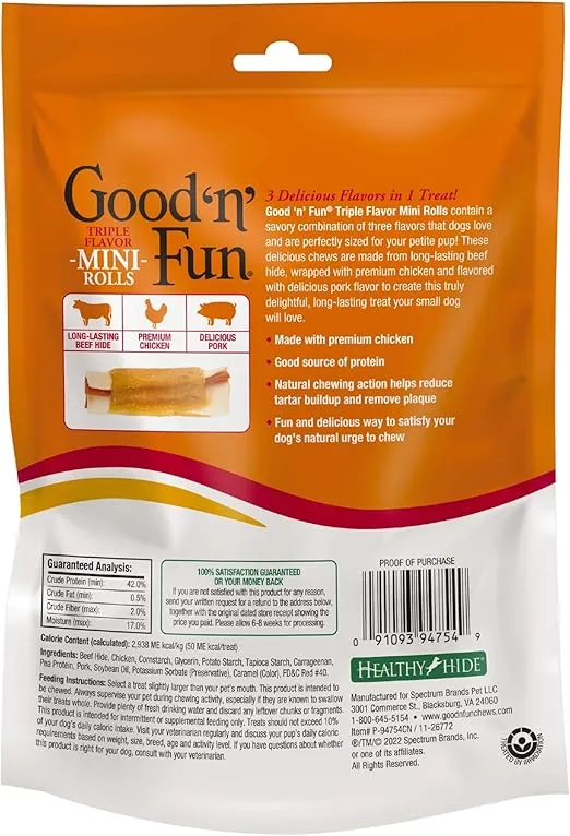 Good 'n' Fun Triple Flavor Mini Rolls, 8 Ounce, Treat Your Small Dog to a Long-Lasting Rawhide Chews