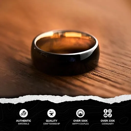 Manly Bands | The Record Producer | Black Mens Wedding Band with 14K Gold Plated Sleeve | Ring Sizes 5-17 | 8mm Width | Mens Tungsten Wedding Band | Black Ring for Men | Mens Comfort Fit Wedding Band