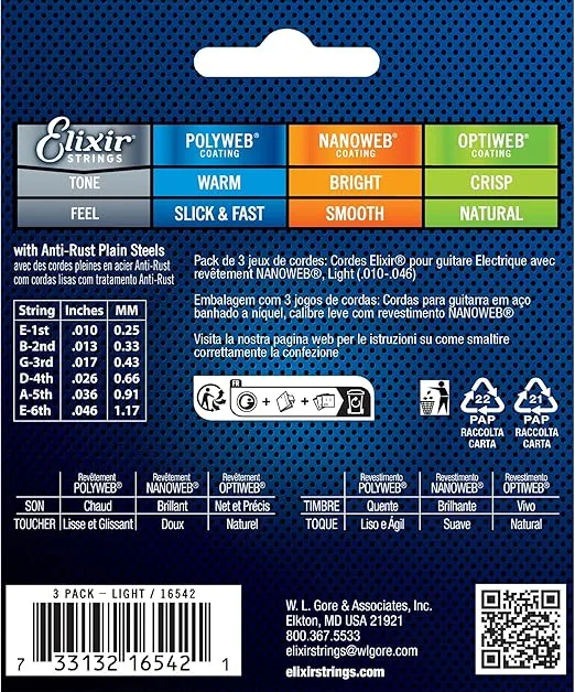 Elixir Strings, Electric Guitar Strings, Nickel Plated Steel with NANOWEB Coating, Longest-Lasting Bright Tone with Comfortable Feel, 6 String Set, 3 Pack, Light 10-46