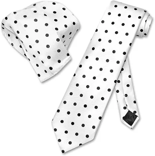 Vesuvio Napoli WHITE w/BLACK Polka Dots NeckTie Handkerchief Matching Tie Set