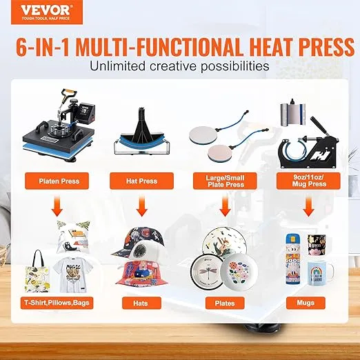 VEVOR Heat Press Machine 6 in 1 Combo Heat Press 15 x 15 Inch Heat Transfer Machine 360-Degree Swing Away Digital Shirt Printing Multi-function Heat Transfer Sublimation for T Shirts Mug Hat Plate Cap